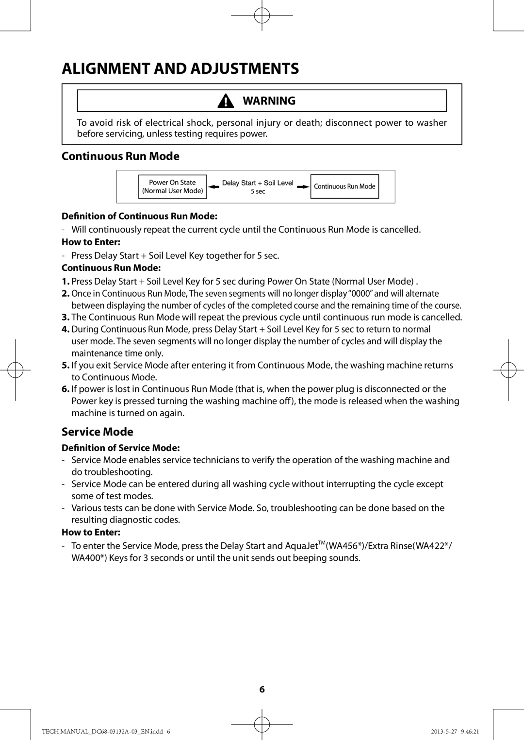 Samsung WA456DRHDWR, WA400PJHDWR manual Definition of Continuous Run Mode, Definition of Service Mode 