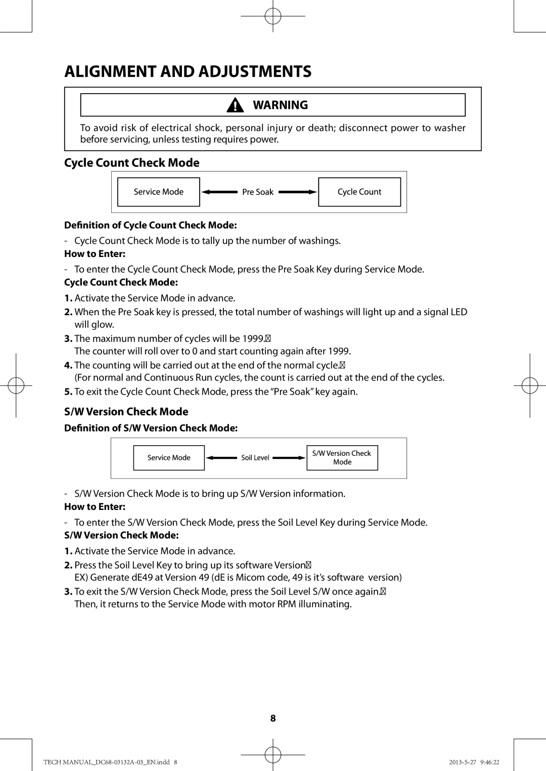 Samsung WA456DRHDWR, WA400PJHDWR manual Definition of Cycle Count Check Mode, Definition of S/W Version Check Mode 