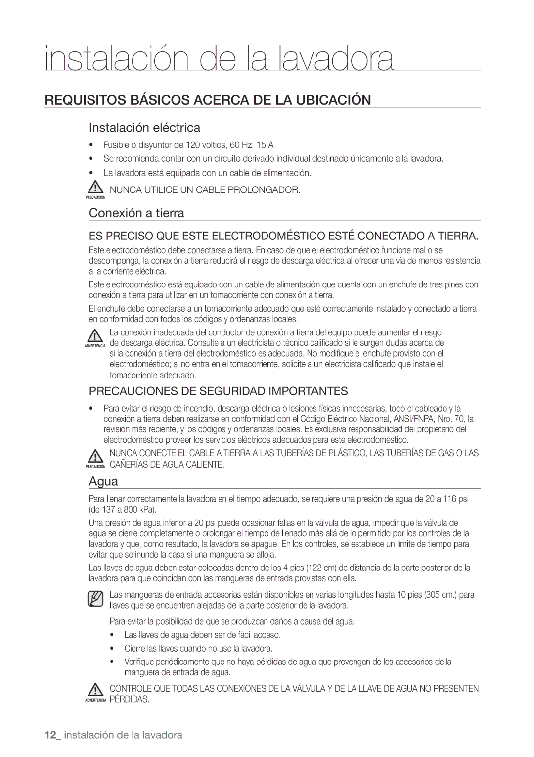 Samsung WA422PRHDWR, WA456DRHDWR Requisitos Básicos Acerca DE LA Ubicación, Instalación eléctrica, Conexión a tierra, Agua 