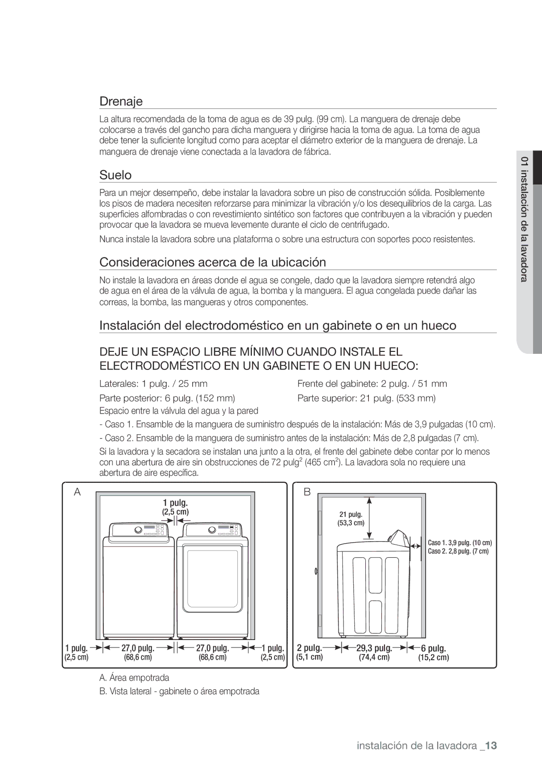 Samsung WA456DRHDWR, WA456DRHDSU Drenaje, Suelo, Consideraciones acerca de la ubicación, Laterales 1 pulg. / 25 mm 