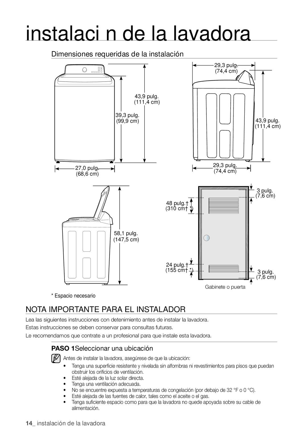 Samsung WA400PJHDWR, WA456DRHDWR, WA456DRHDSU Nota Importante Para EL Instalador, Dimensiones requeridas de la instalación 