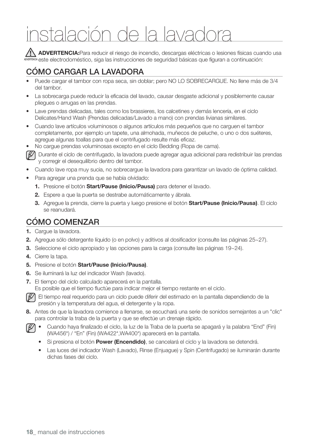 Samsung WA456DRHDSU, WA456DRHDWR, WA422 Cómo Cargar LA Lavadora, Cómo Comenzar, Presione el botón Start/Pause Inicio/Pausa 