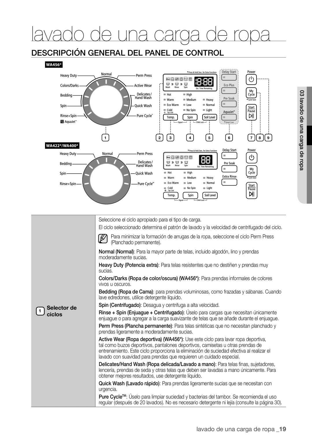 Samsung WA422PRHDWR, WA456DRHDWR Lavado de una carga de ropa, Descripción General DEL Panel DE Control, Selectorciclos de 