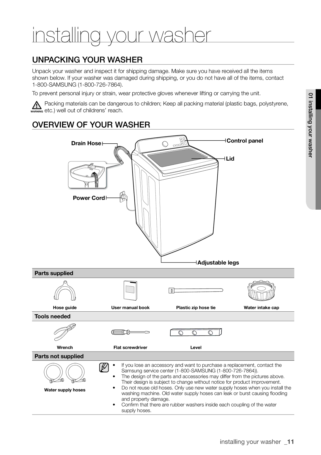 Samsung WA400PJHDWR, WA456DRHDWR Installing your washer, Unpacking Your Washer, Overview of Your Washer, Tools needed 