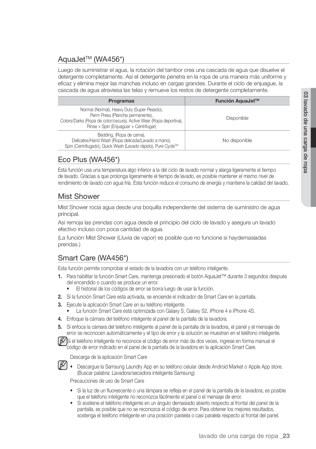 Samsung WA456DRHDWR, WA456DRHDSU, WA422PRHDWR, WA400PJHDWR user manual Programas Función AquaJetTM 