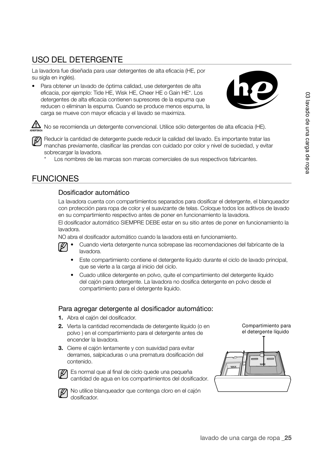 Samsung WA456DRHDSU, WA456DRHDWR, WA422PRHDWR, WA400PJHDWR user manual USO DEL Detergente, Funciones, Dosificador automático 