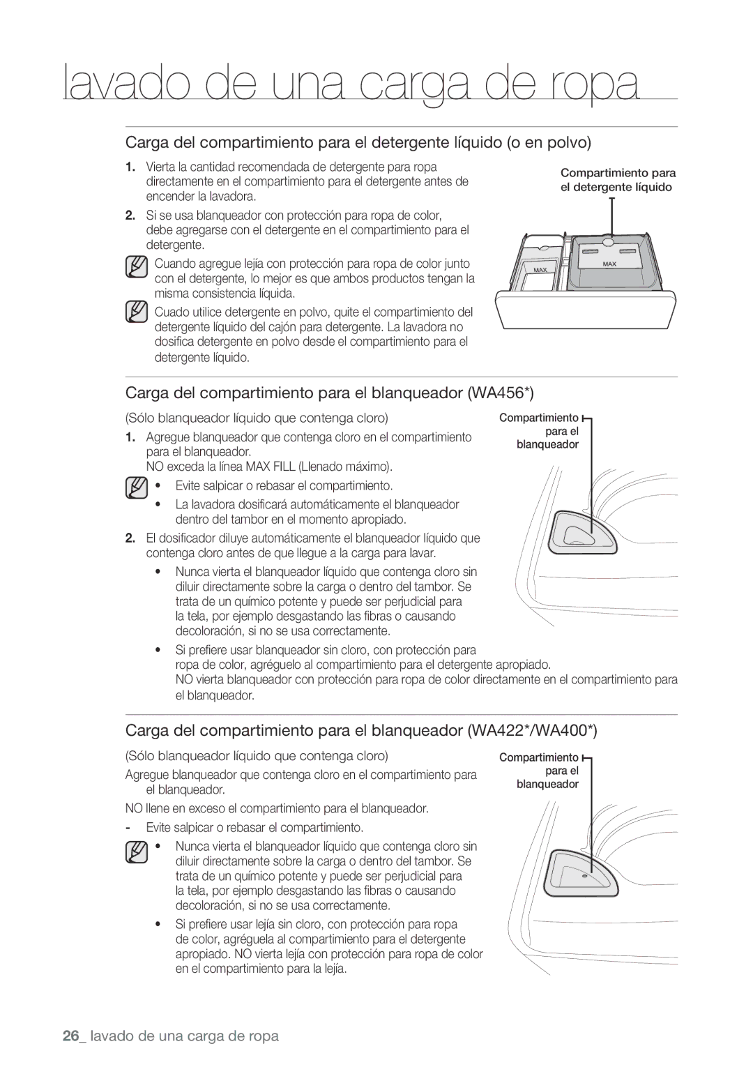 Samsung WA422PRHDWR, WA456DRHDWR, WA456DRHDSU, WA400PJHDWR user manual Carga del compartimiento para el blanqueador WA456 