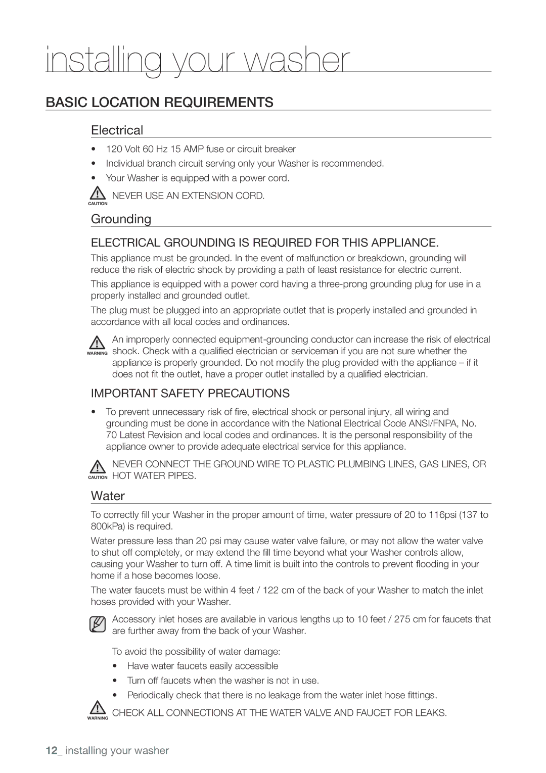 Samsung WA456DRHDWR, WA456DRHDSU, WA422PRHDWR, WA400PJHDWR Basic Location Requirements, Electrical, Grounding, Water 