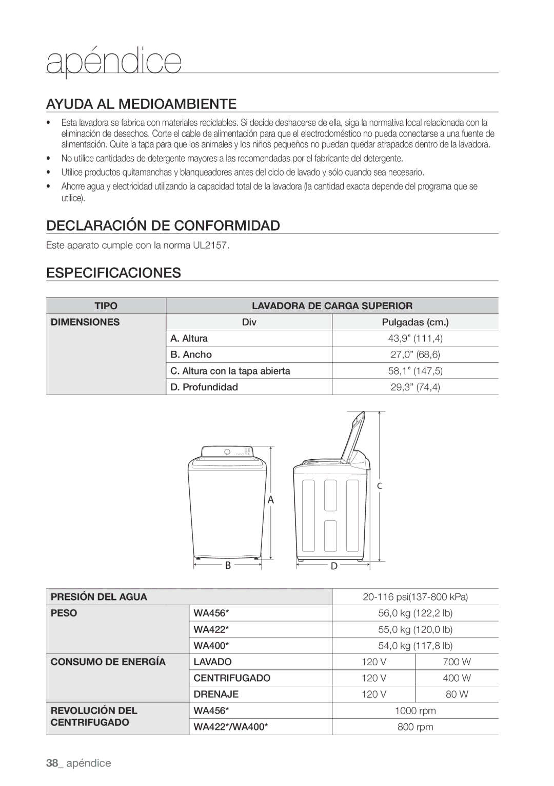 Samsung WA456DRHDWR, WA456DRHDSU, WA422PRHDWR, WA400 Ayuda AL Medioambiente, Declaración DE Conformidad, Especificaciones 