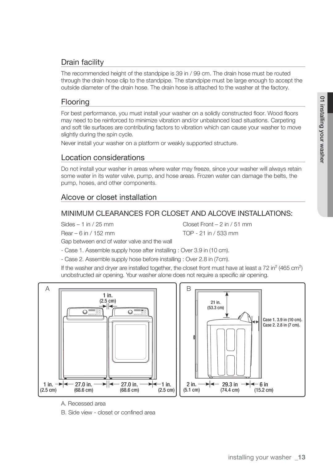 Samsung WA400, WA456DRHDWR, WA456DRHDSU Drain facility, Flooring, Location considerations, Alcove or closet installation 