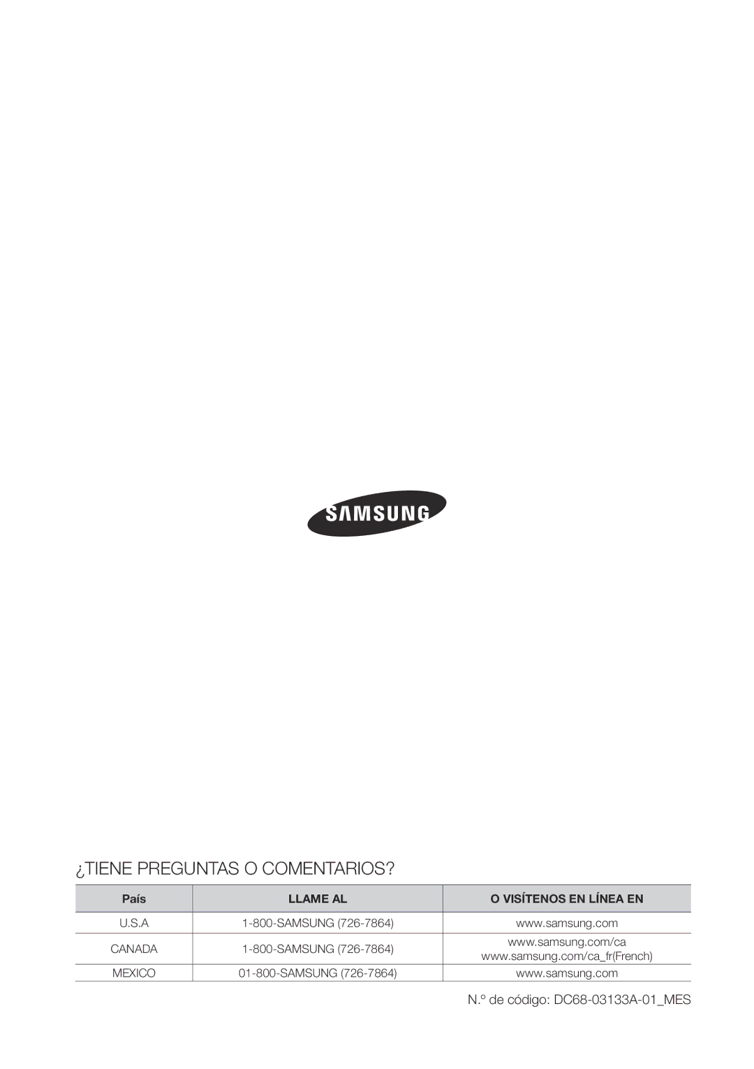 Samsung WA400, WA456DRHDWR, WA456DRHDSU, WA422PRHDWR user manual ¿TIENE Preguntas O COMENTARIOS?, De código DC68-03133A-01MES 