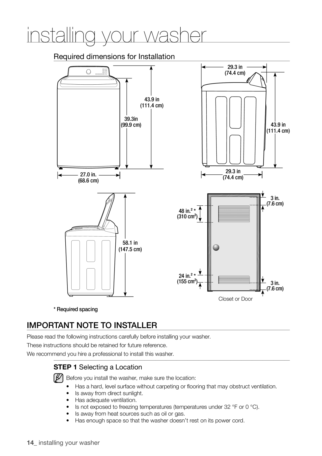 Samsung WA456DRHDWR, WA456DRHDSU Important Note to Installer, Required dimensions for Installation, Selecting a Location 