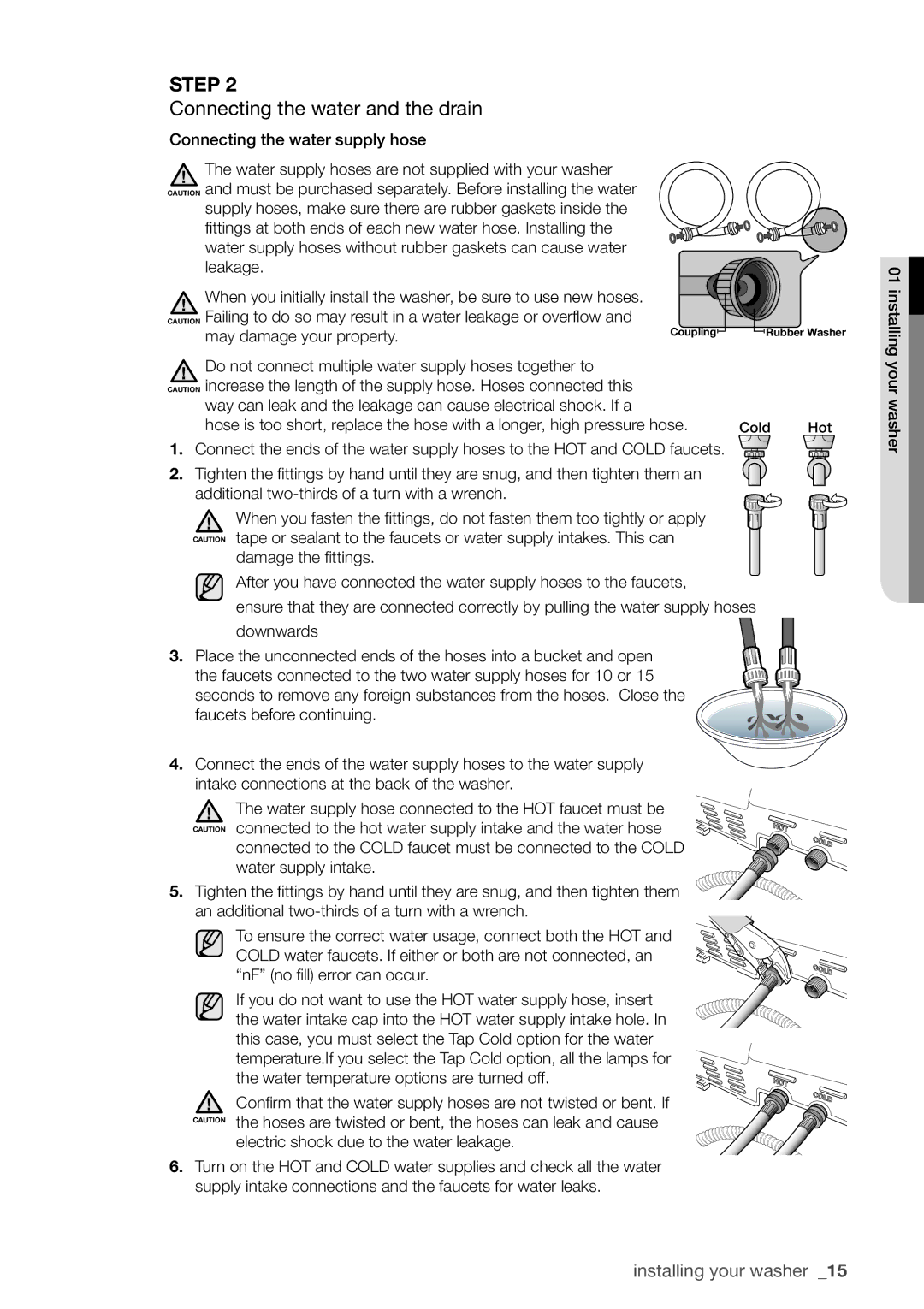 Samsung WA456DRHDSU, WA422 Connecting the water and the drain, Connecting the water supply hose, May damage your property 