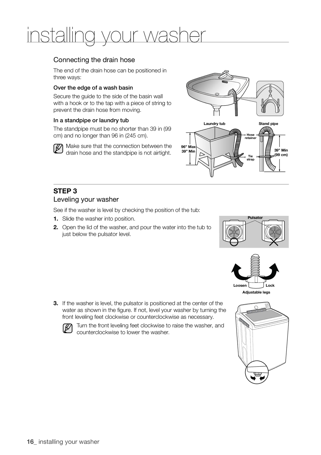 Samsung WA422PRHDWR, WA456DRHDWR, WA456DRHDSU, WA400PJHDWR user manual Connecting the drain hose, Leveling your washer 