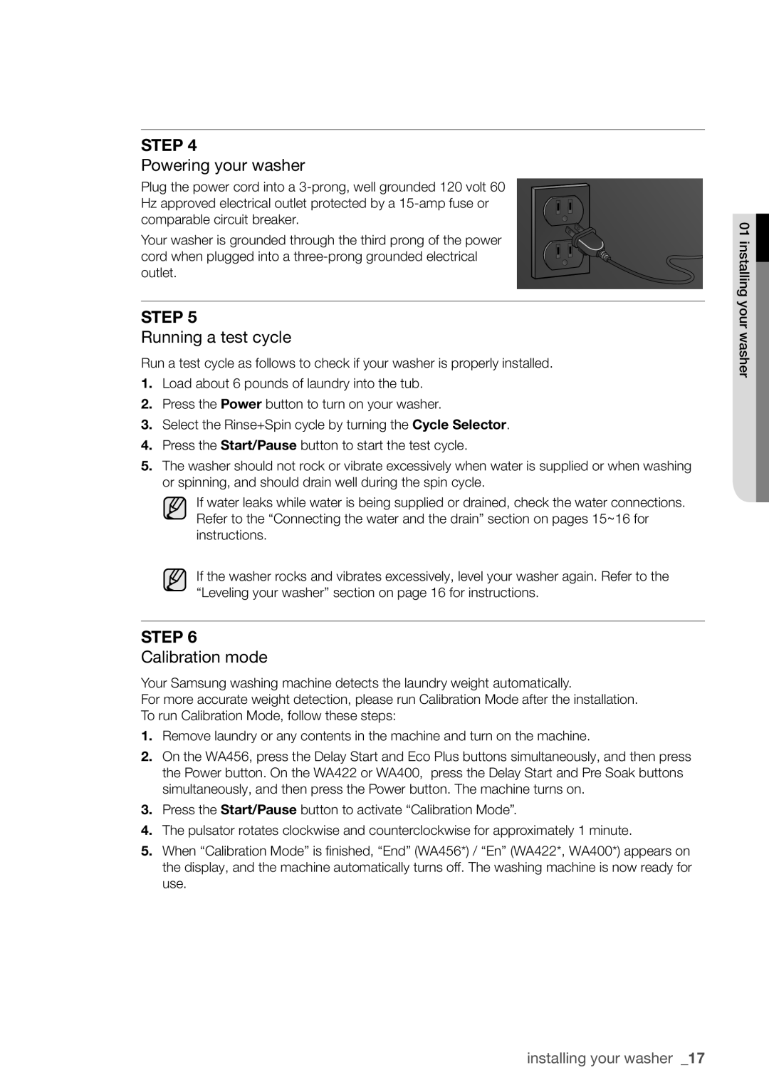 Samsung WA456DRHDWR, WA456DRHDSU, WA422PRHDWR, WA400PJHDWR Powering your washer, Running a test cycle, Calibration mode 