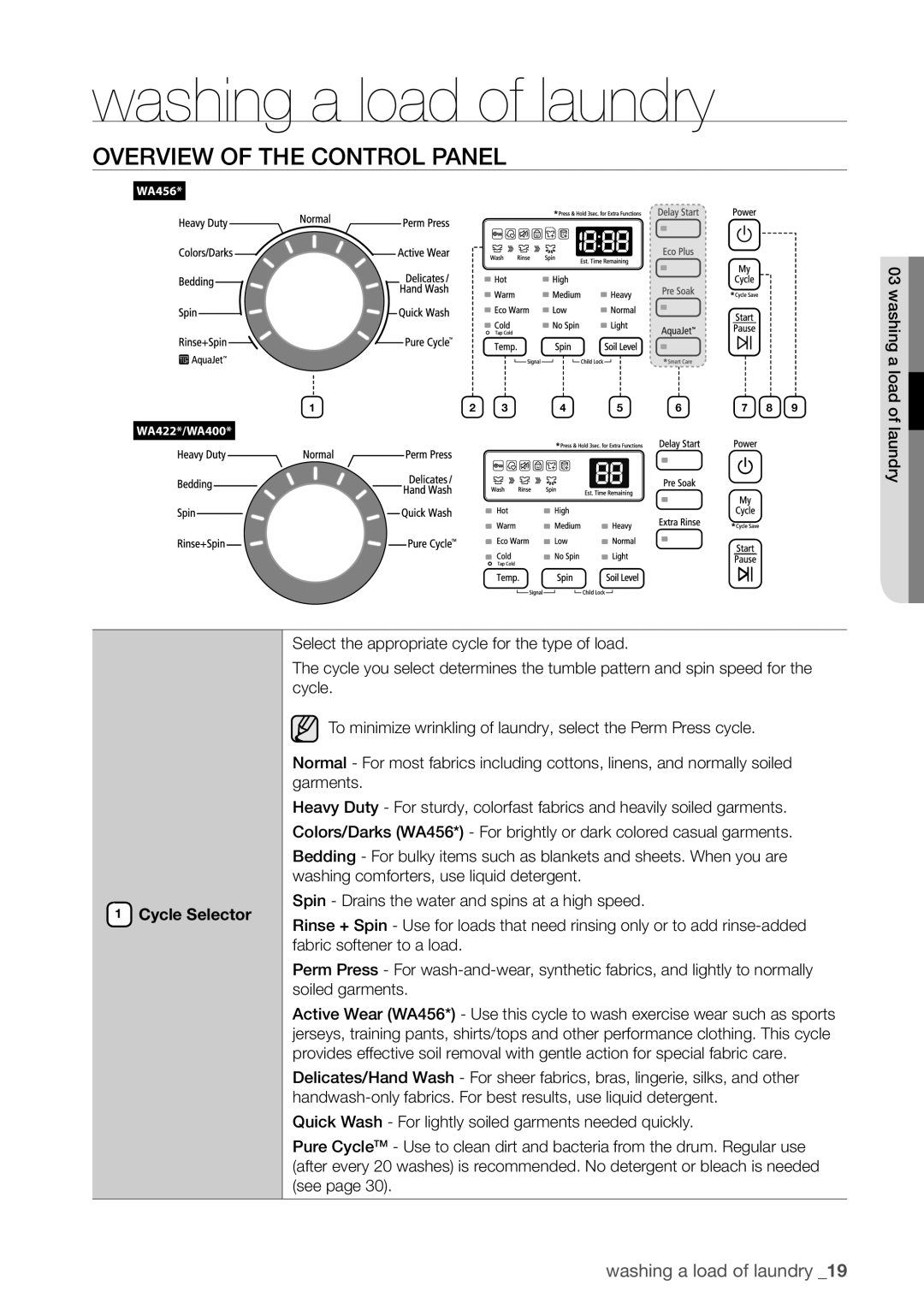 Samsung WA422, WA456DRHDWR, WA456DRHDSU, WA400 Washing a load of laundry, Overview of the Control Panel, Cycle Selector 