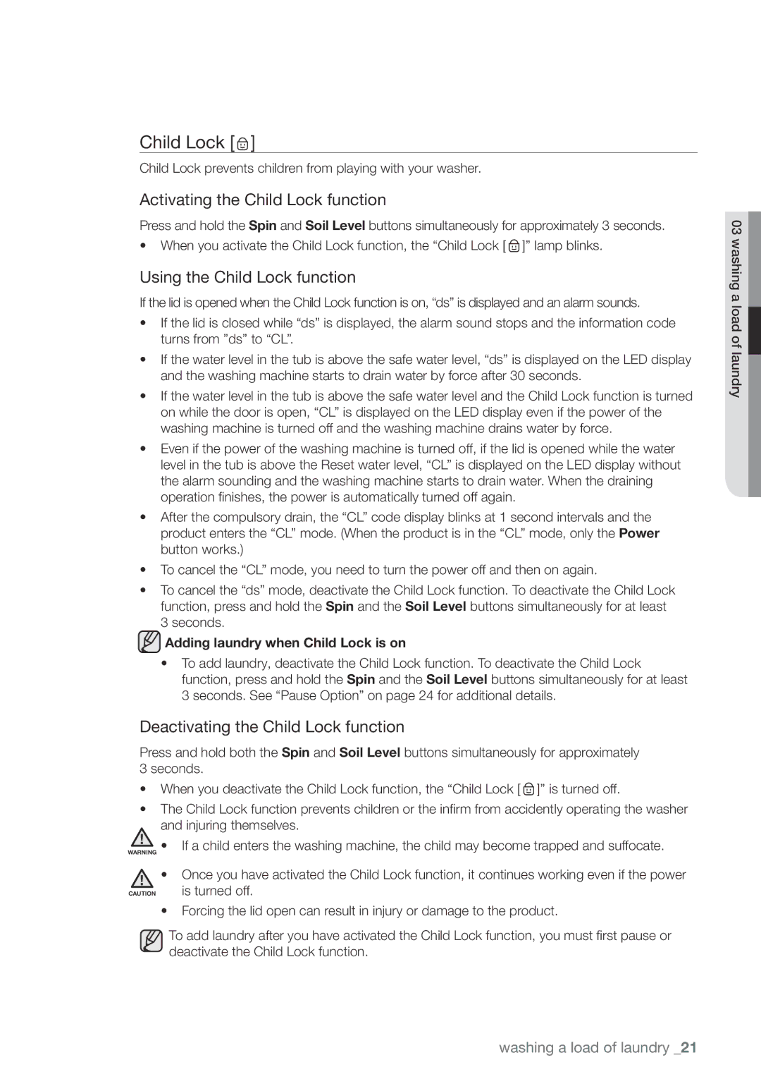 Samsung WA456DRHDWR, WA456DRHDSU, WA422PRHDWR, WA400 Activating the Child Lock function, Using the Child Lock function 