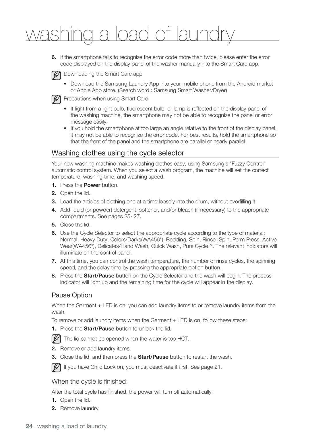 Samsung WA456DRHDWR, WA456DRHDSU Washing clothes using the cycle selector, Pause Option, When the cycle is finished 