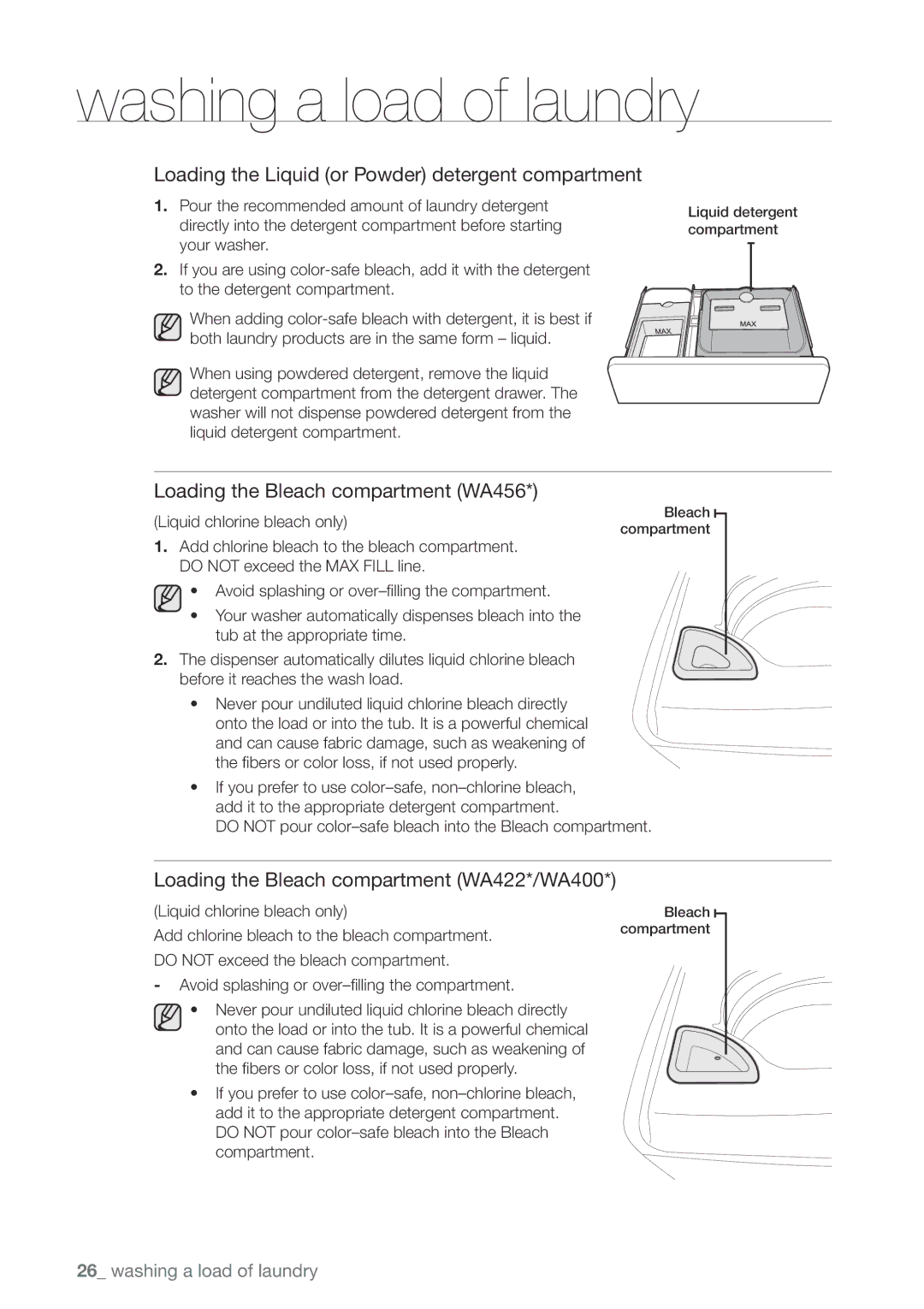 Samsung WA422, WA456DRHDWR, WA400 Loading the Liquid or Powder detergent compartment, Loading the Bleach compartment WA456 