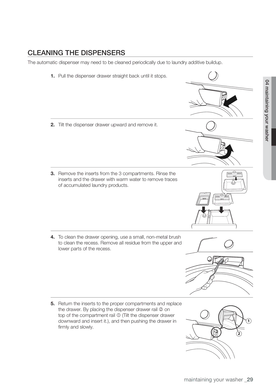 Samsung WA456DRHDSU, WA456DRHDWR, WA422PRHDWR, WA400PJHDWR user manual Cleaning the Dispensers 