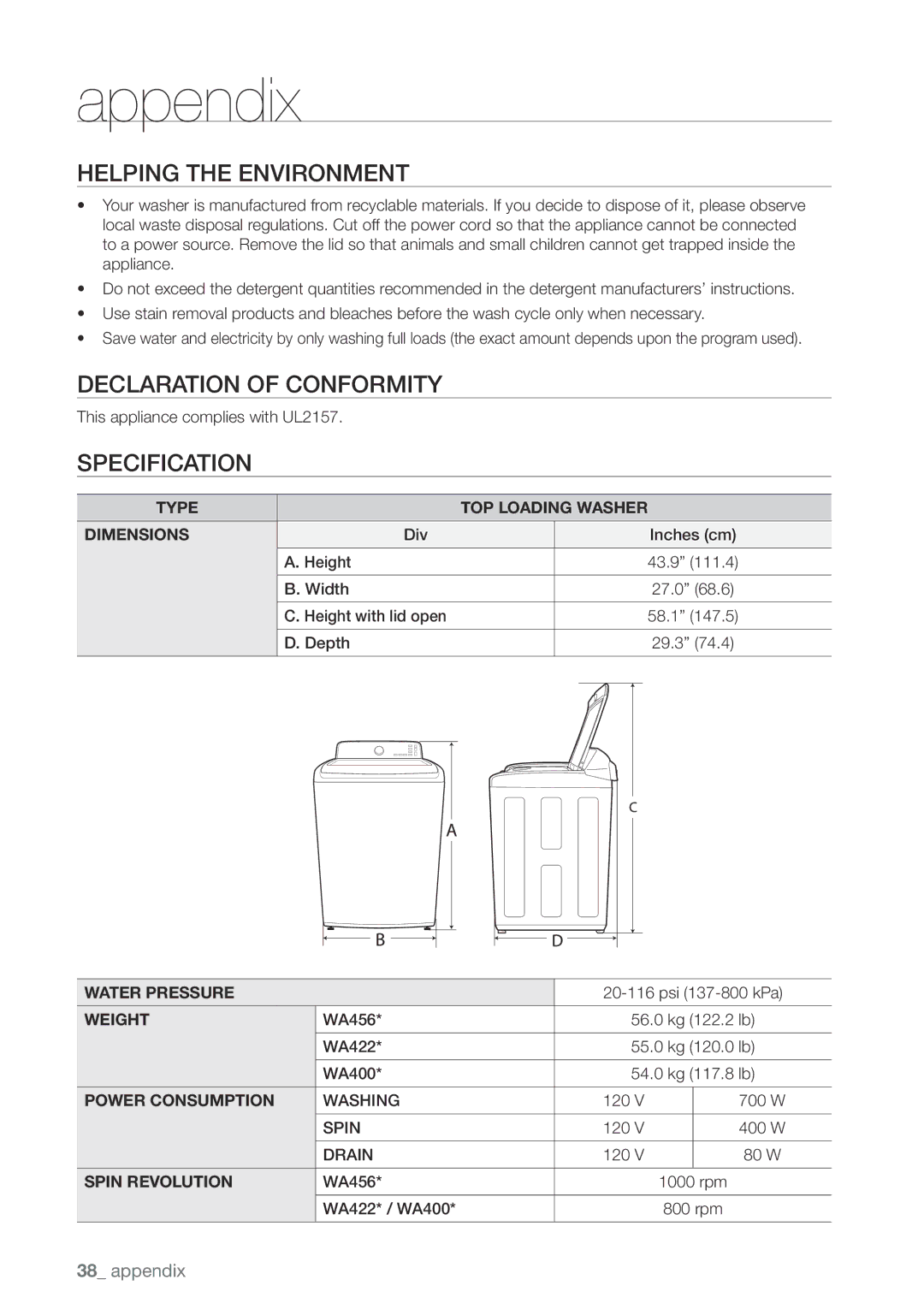 Samsung WA456DRHDWR, WA456DRHDSU, WA422PRHDWR, WA400 Helping the Environment, Declaration of Conformity, Specification 