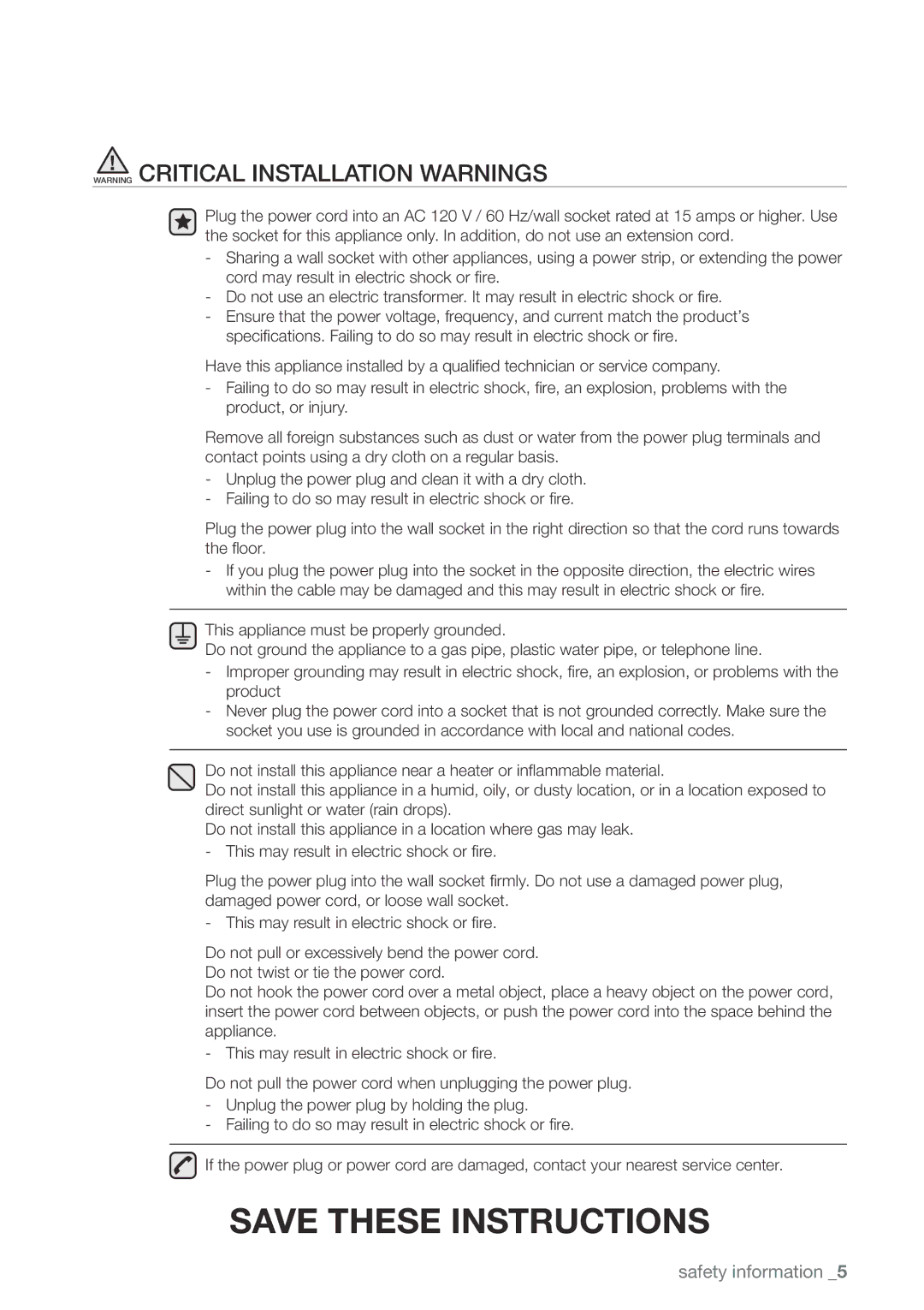 Samsung WA456DRHDWR, WA456DRHDSU, WA422PRHDWR, WA400PJHDWR user manual Safety information 