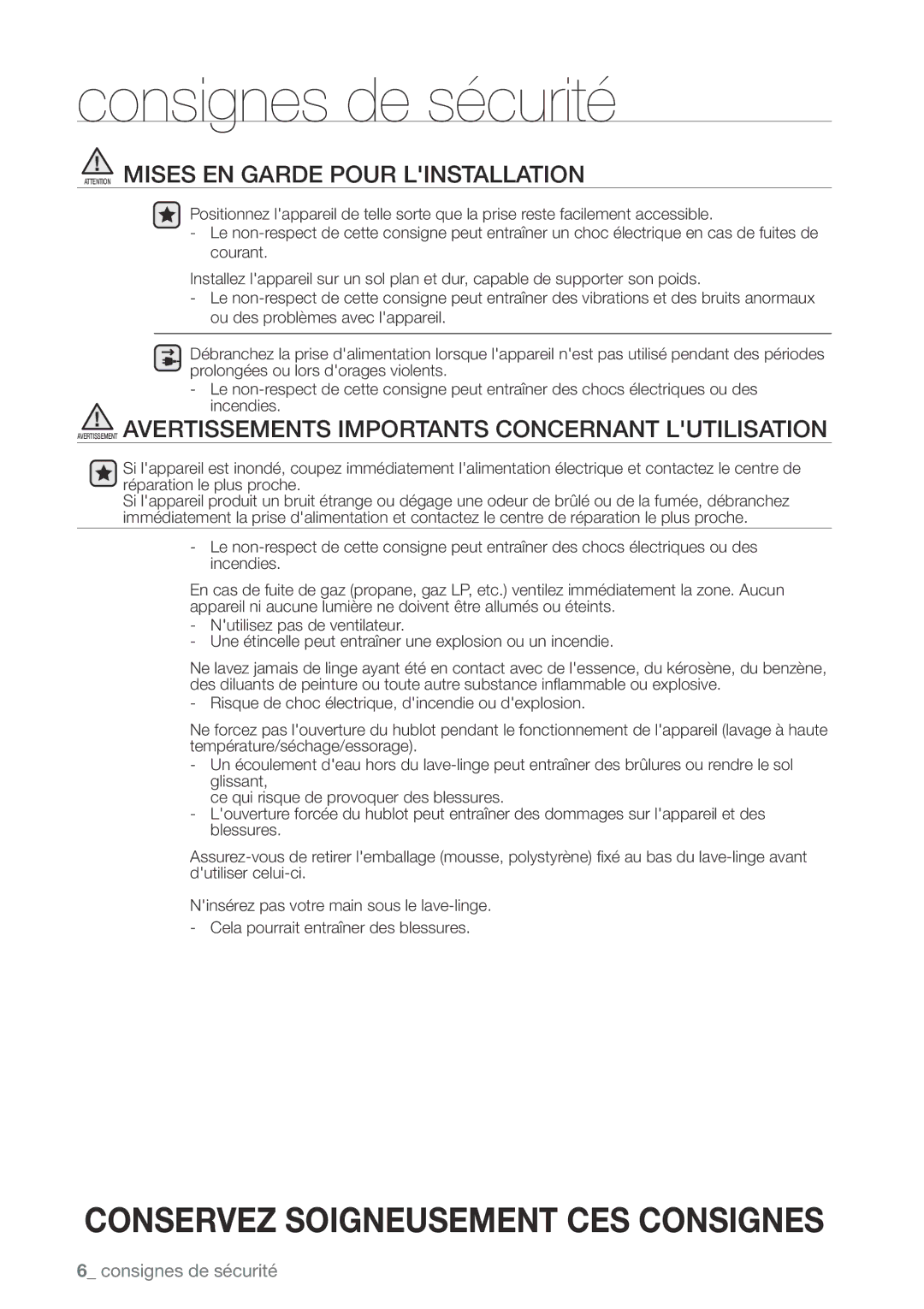 Samsung WA456DRHDSU, WA456DRHDWR, WA422PRHDWR, WA400PJHDWR user manual Consignes de sécurité 