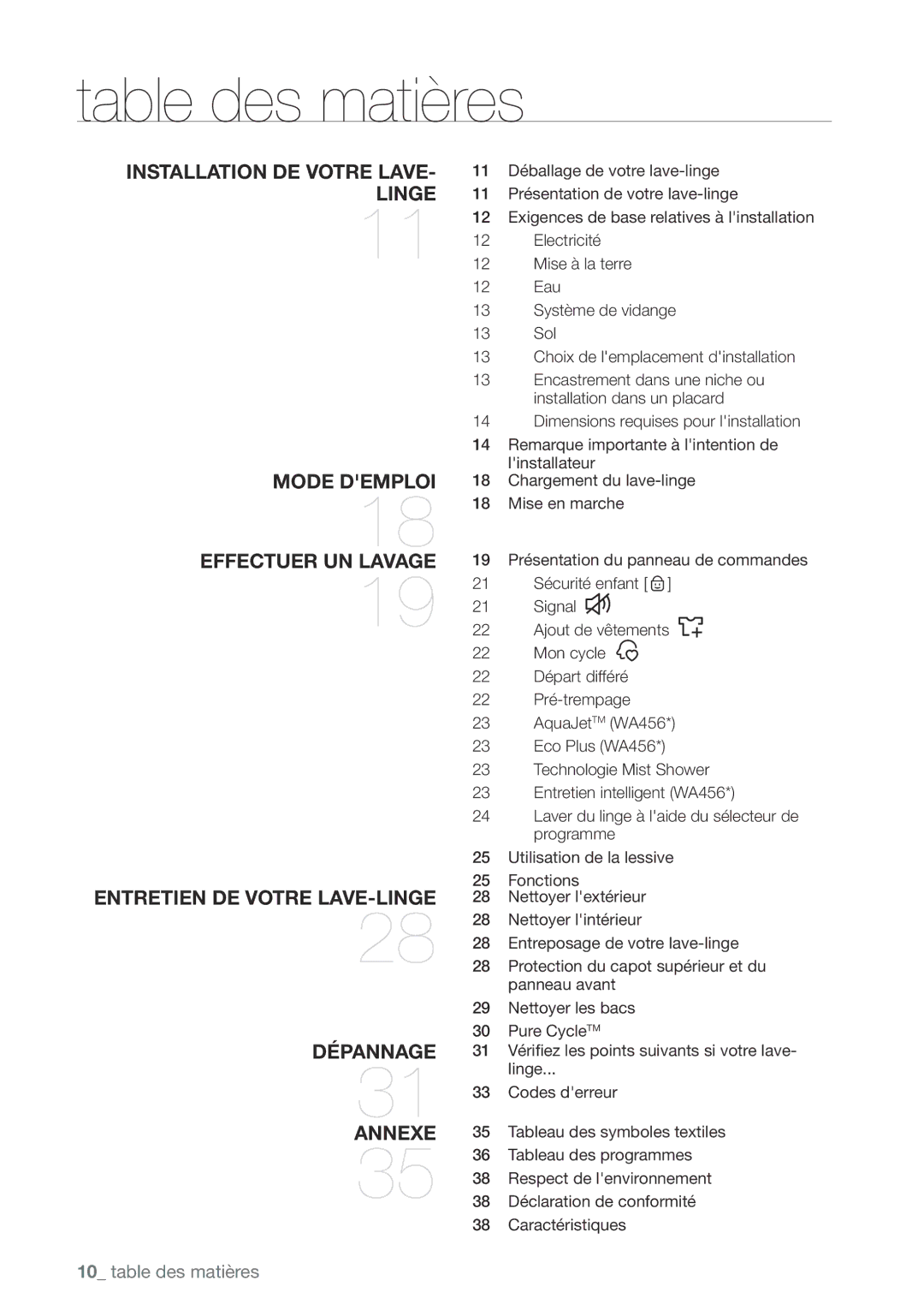 Samsung WA456DRHDWR, WA456DRHDSU, WA422PRHDWR, WA400PJHDWR user manual Table des matières 