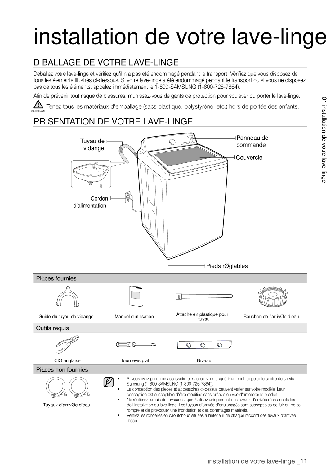 Samsung WA400, WA456DRHDWR, WA456DRHDSU, WA422PRHDWR Déballage DE Votre LAVE-LINGE, Présentation DE Votre LAVE-LINGE 