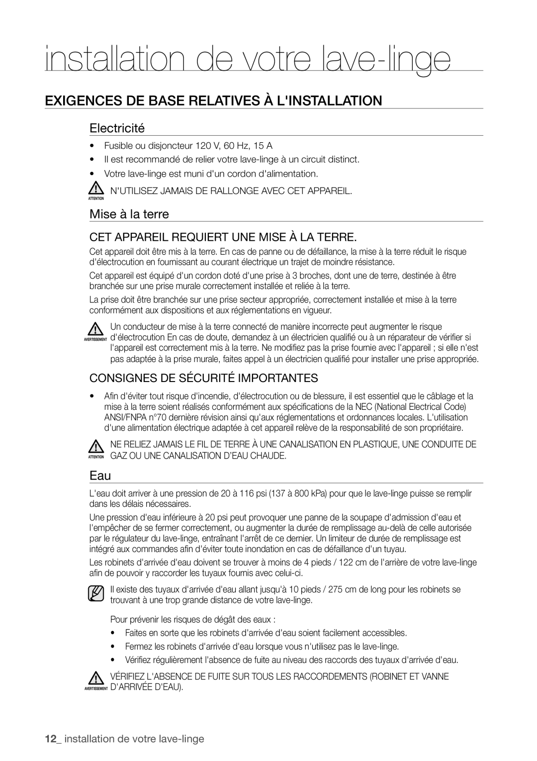 Samsung WA456DRHDWR, WA422 Installation de votre lave-linge, Exigences DE Base Relatives À Linstallation, Electricité, Eau 