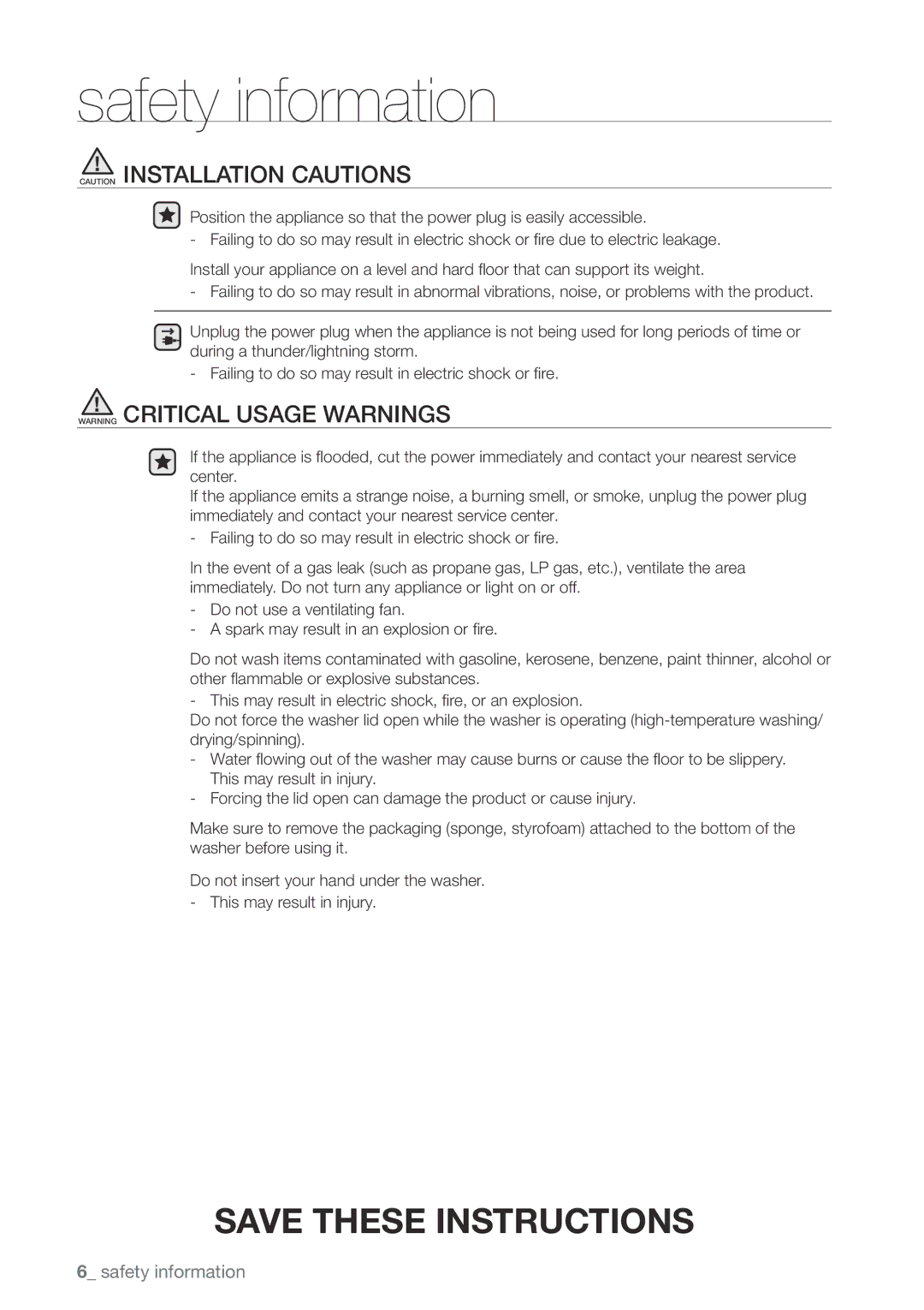 Samsung WA456DRHDWR, WA456DRHDSU, WA422PRHDWR, WA400PJHDWR user manual Safety information 