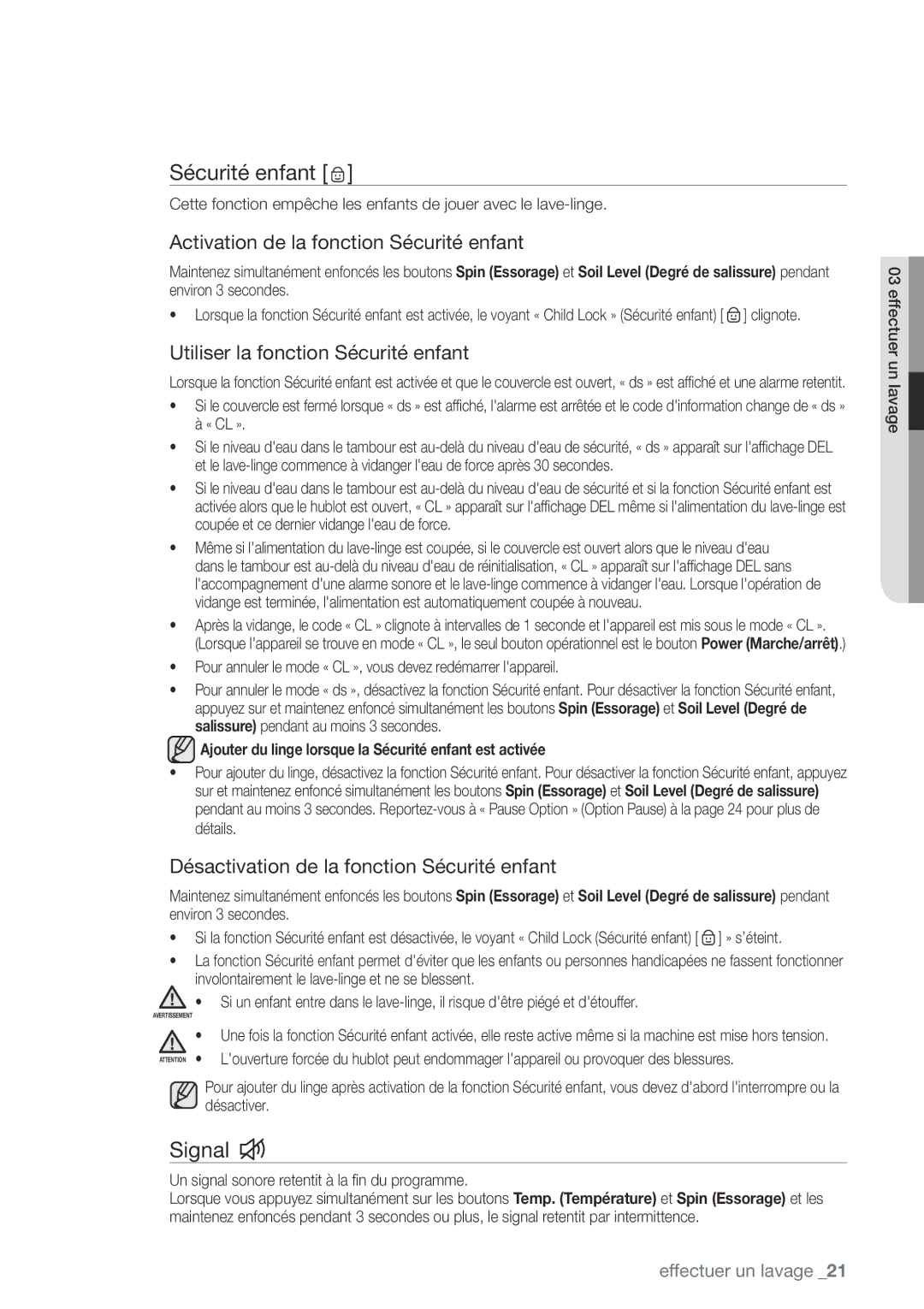 Samsung WA422PRHDWR, WA456DRHDWR, WA400 Activation de la fonction Sécurité enfant, Utiliser la fonction Sécurité enfant 