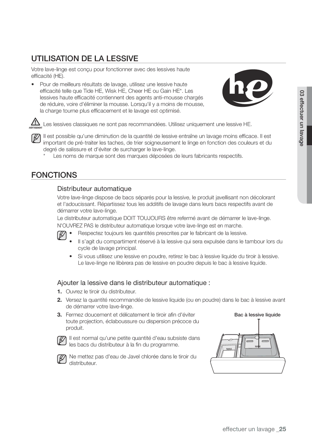 Samsung WA400, WA456DRHDWR, WA456DRHDSU, WA422PRHDWR Utilisation DE LA Lessive, Fonctions, Distributeur automatique 