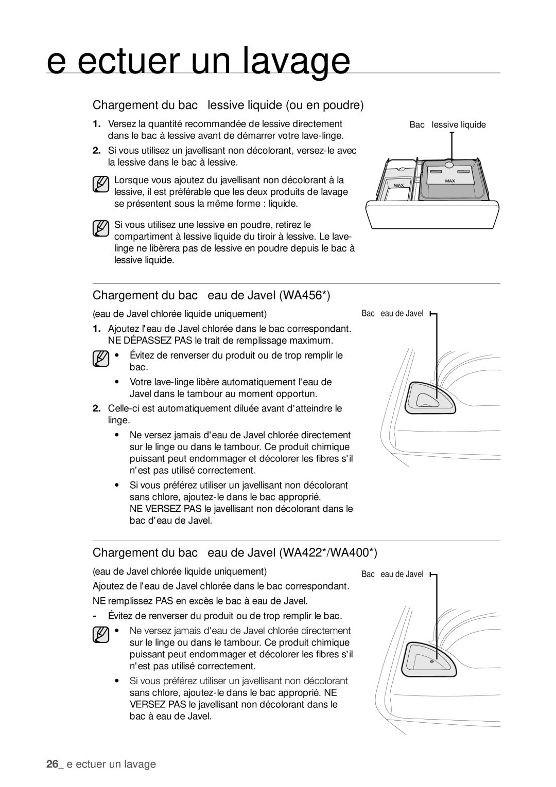 Samsung WA456DRHDWR Un lavage, Chargement du bac à lessive liquide ou en poudre, Chargement du bac à eau de Javel WA456 