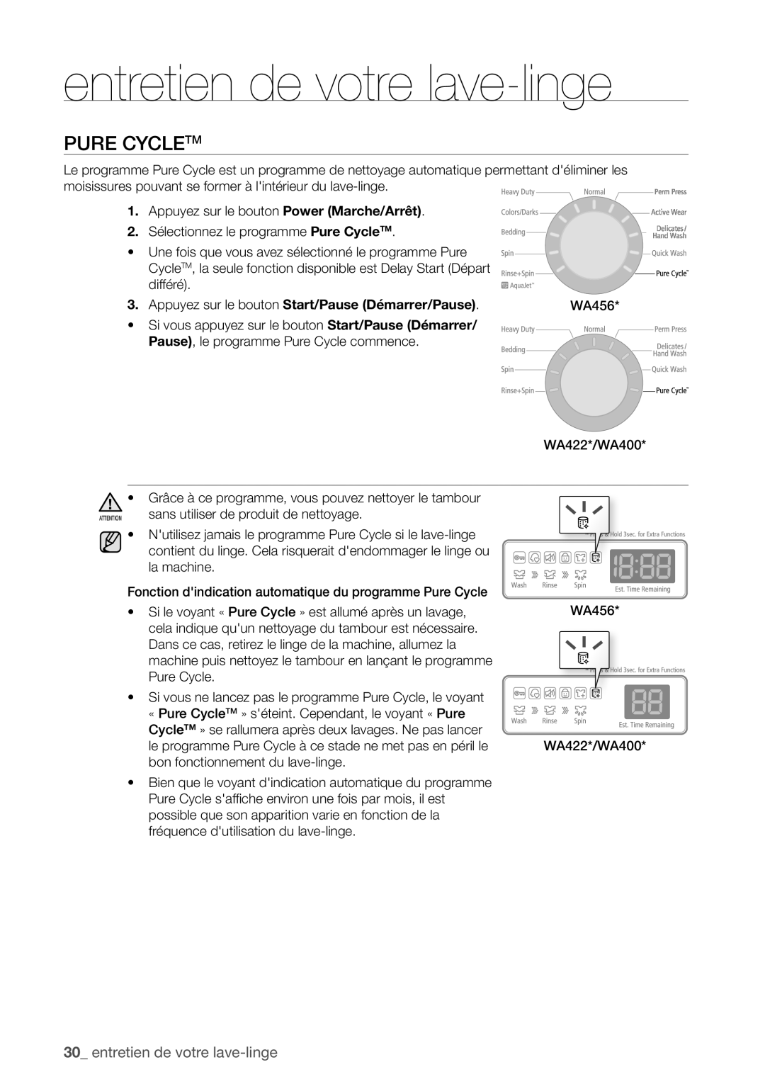 Samsung WA400PJHDWR, WA456DRHDWR, WA456DRHDSU, WA422PRHDWR user manual Pure Cycletm, Appuyez sur le bouton Power Marche/Arrêt 