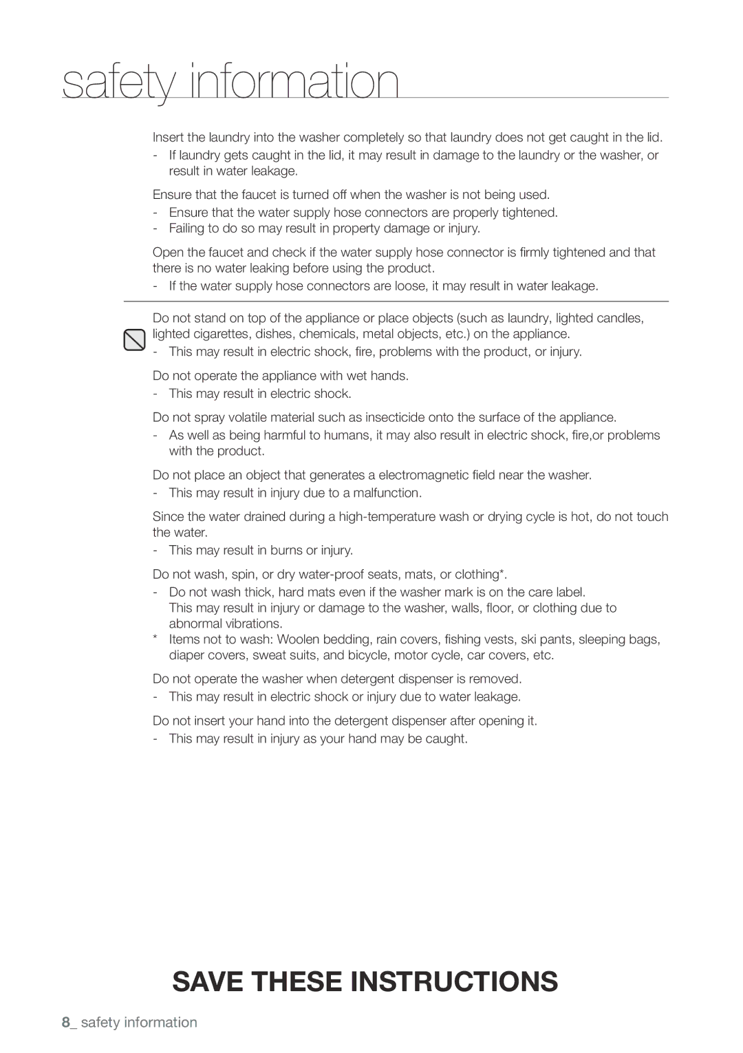 Samsung WA456DRHDSU, WA456DRHDWR, WA422PRHDWR, WA400PJHDWR user manual Safety information 