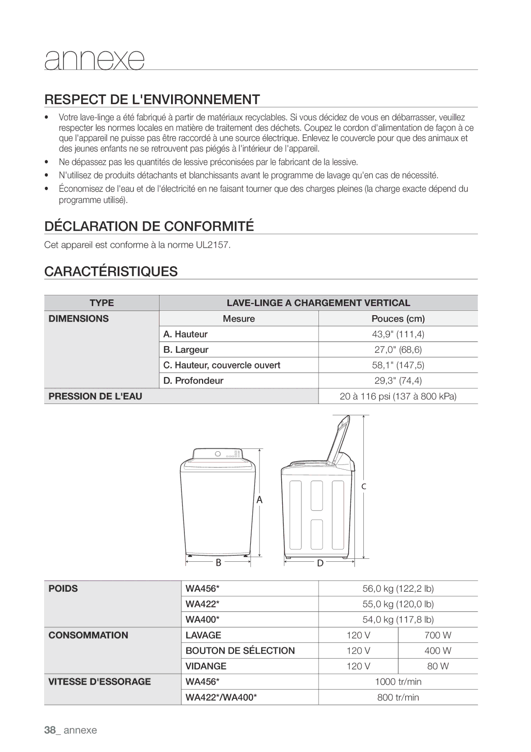 Samsung WA456DRHDWR, WA456DRHDSU, WA422PRHDWR Respect DE Lenvironnement, Déclaration DE Conformité, Caractéristiques 