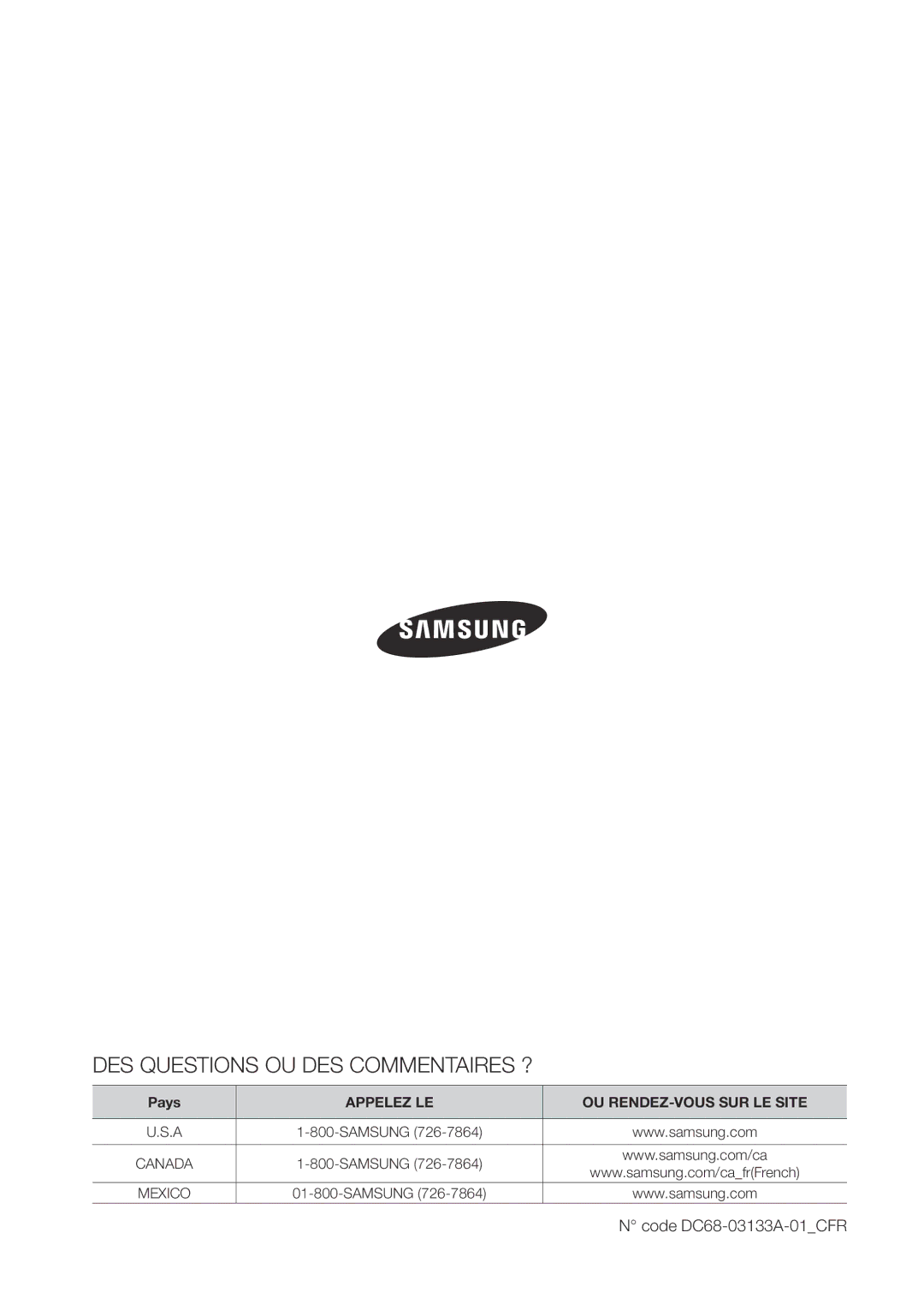 Samsung WA400PJHDWR, WA456DRHDWR, WA456DRHDSU, WA422PRHDWR DES Questions OU DES Commentaires ?, Code DC68-03133A-01CFR 