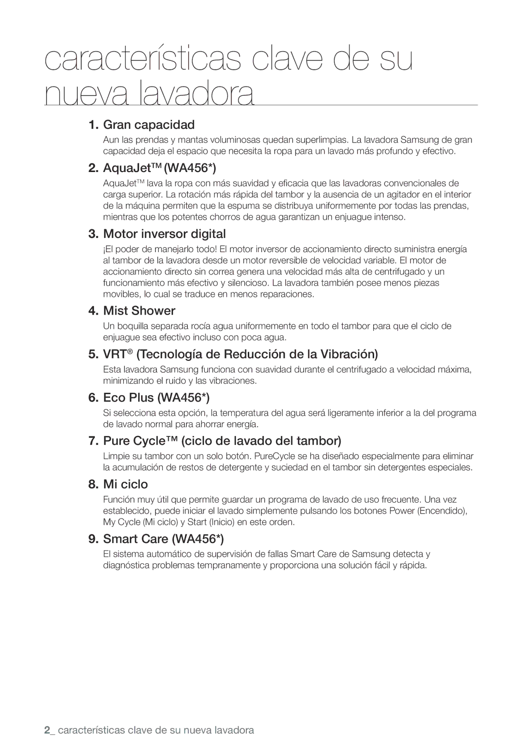 Samsung WA456DRHDWR, WA456DRHDSU, WA422PRHDWR, WA400PJHDWR user manual Características clave de su nueva lavadora 