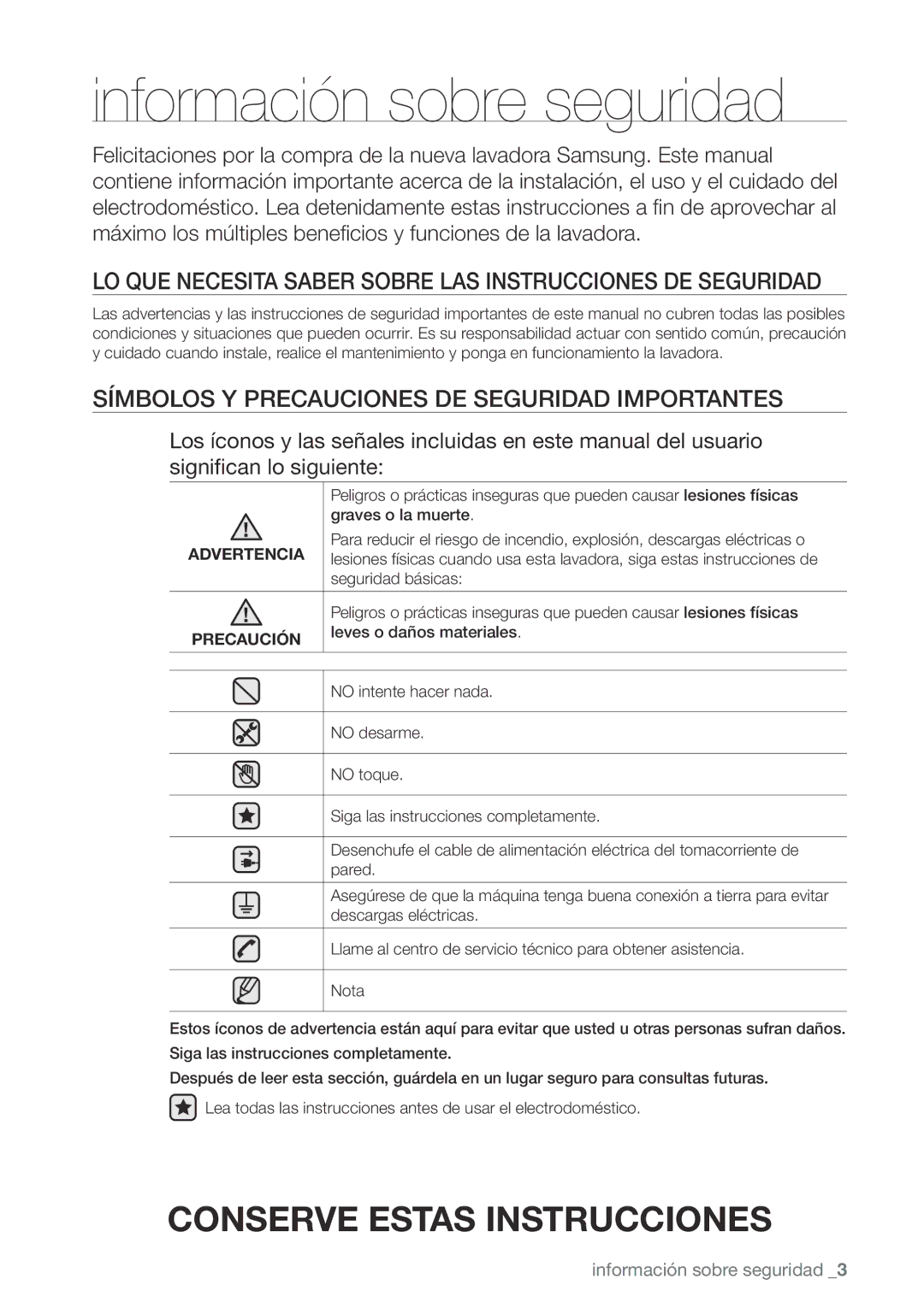 Samsung WA456DRHDWR Información sobre seguridad, LO QUE Necesita Saber Sobre LAS Instrucciones DE Seguridad, Advertencia 