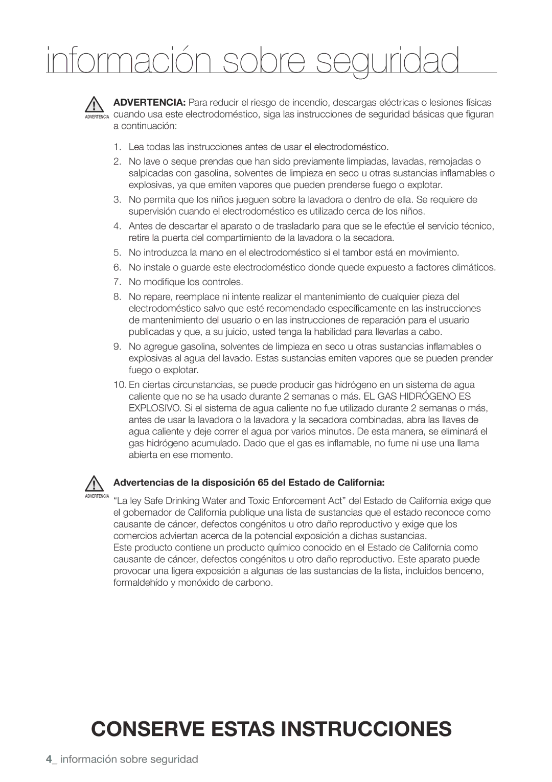 Samsung WA456DRHDSU, WA456DRHDWR, WA422PRHDWR, WA400PJHDWR Advertencias de la disposición 65 del Estado de California 