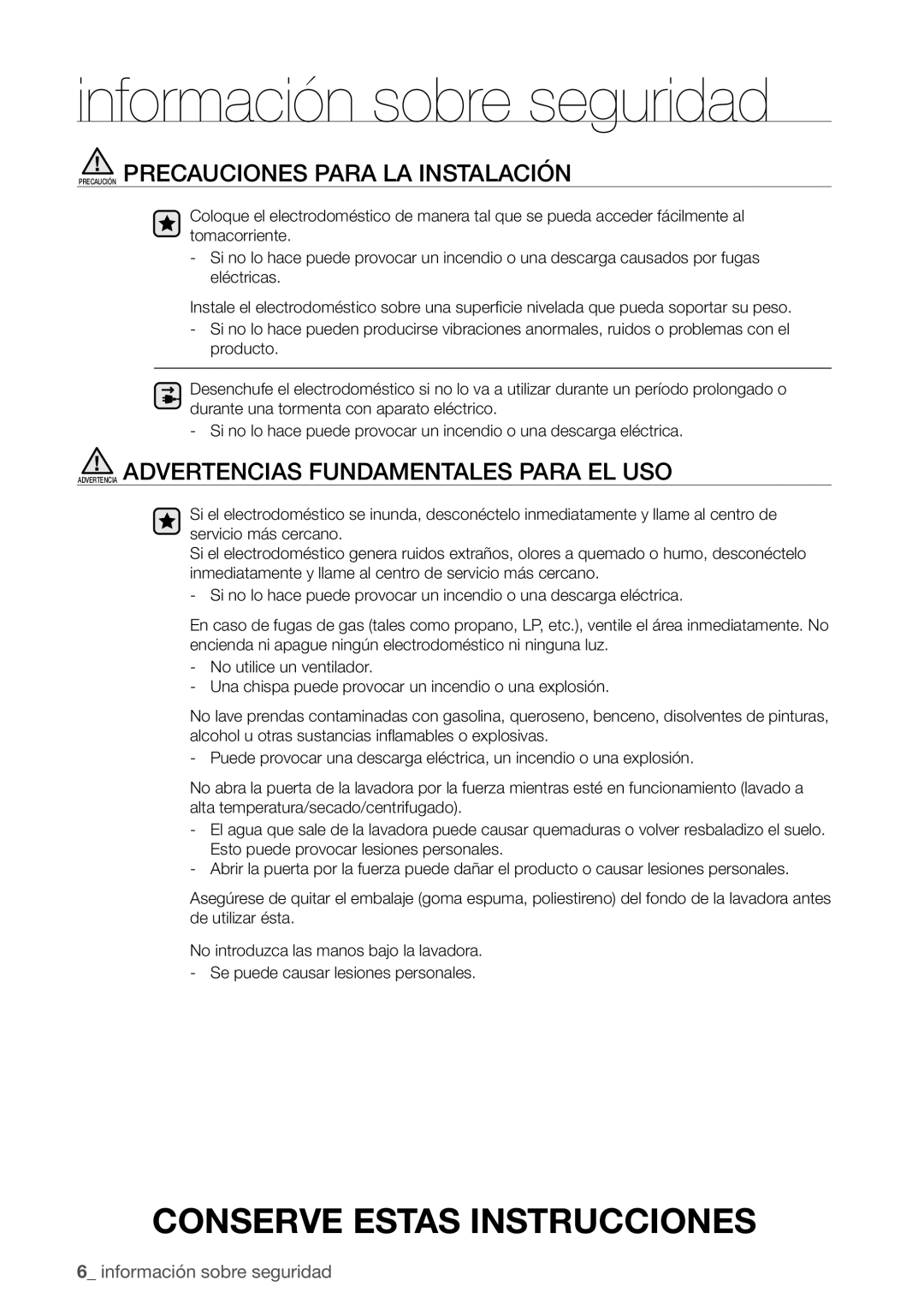 Samsung WA456DRHDWR Precaución Precauciones Para LA Instalación, Advertencia Advertencias Fundamentales Para EL USO 