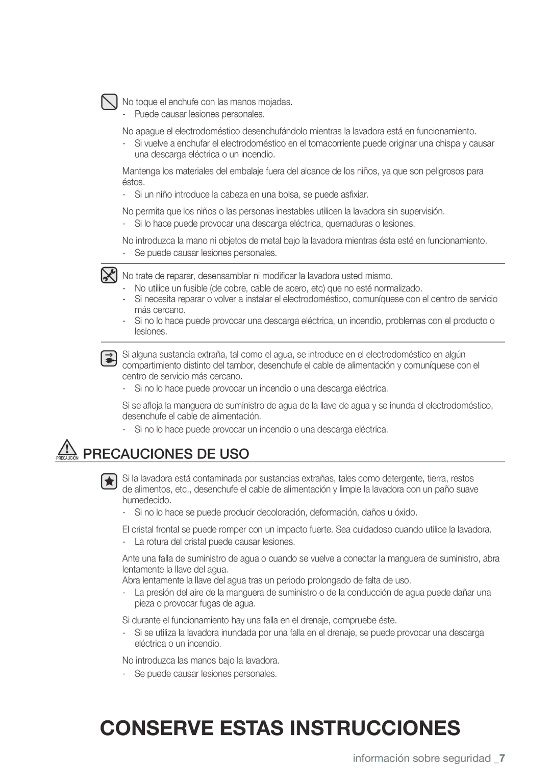 Samsung WA400PJHDWR, WA456DRHDWR, WA456DRHDSU, WA422PRHDWR user manual Precaución Precauciones DE USO 