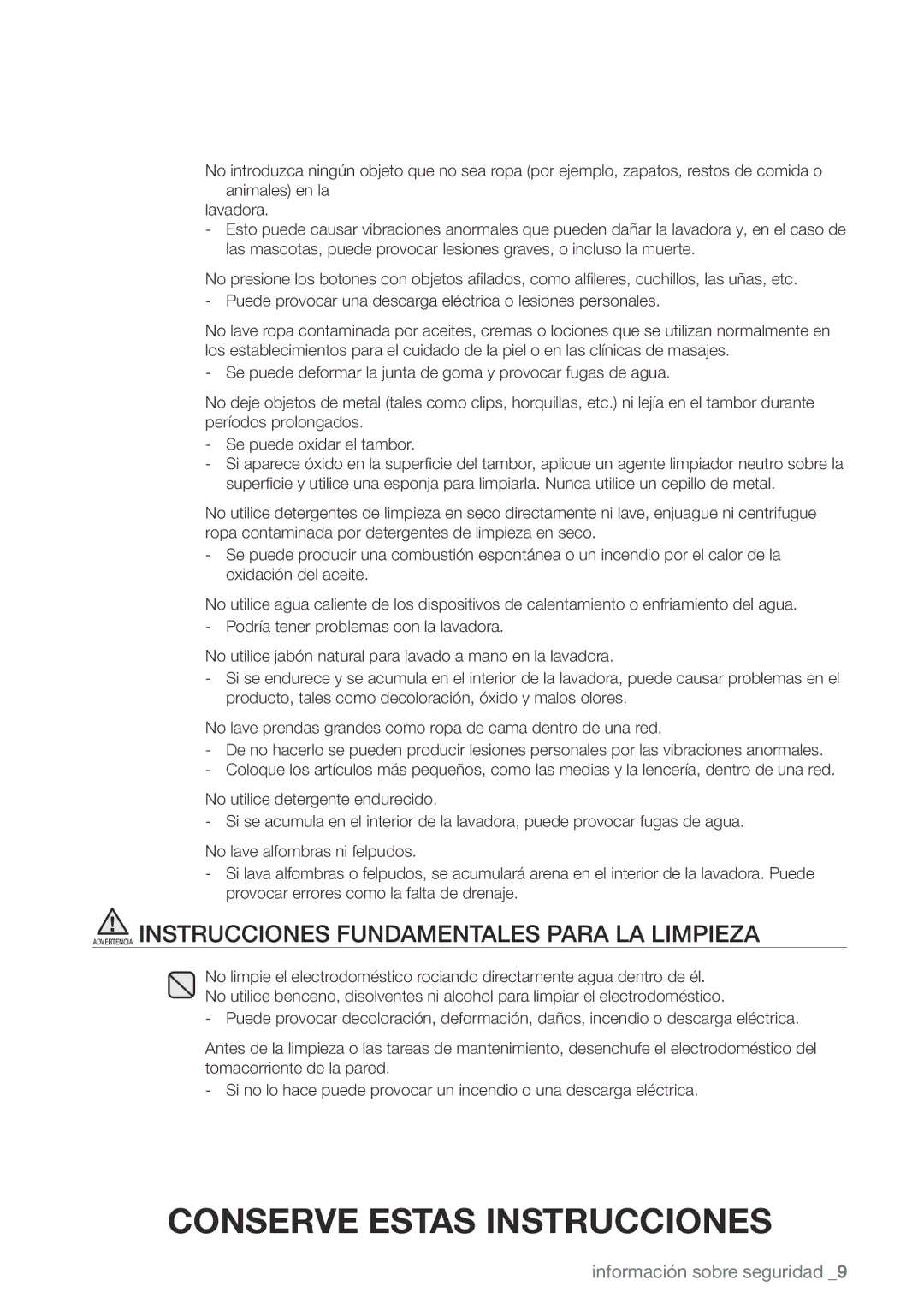 Samsung WA456DRHDWR, WA456DRHDSU, WA422PRHDWR, WA400PJHDWR Advertencia Instrucciones Fundamentales Para LA Limpieza 