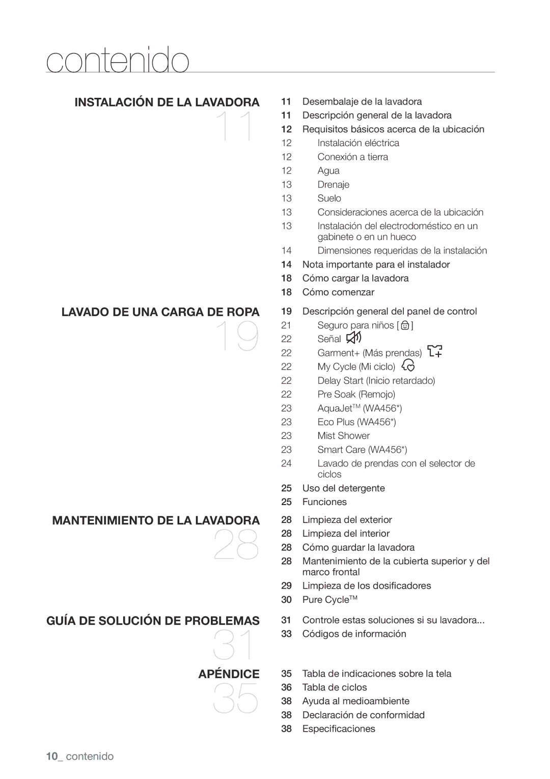 Samsung WA456DRHDWR, WA456DRHDSU, WA422PRHDWR, WA400PJHDWR user manual Contenido 