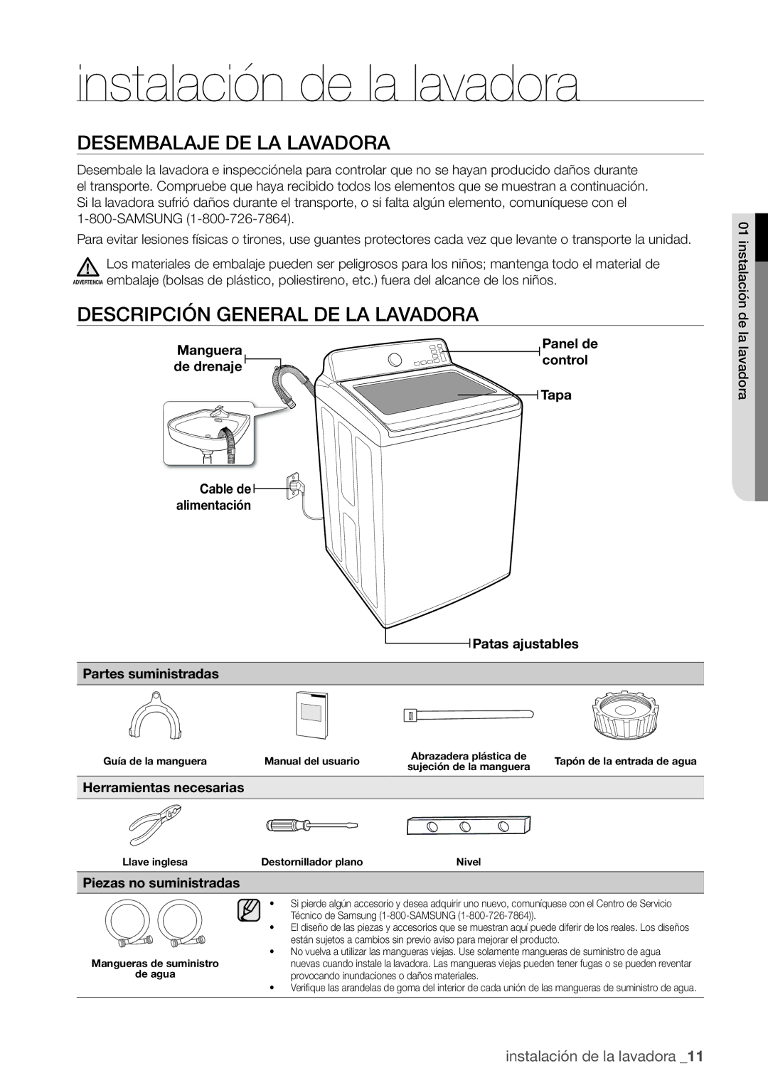 Samsung WA456DRHDSU, WA422 Instalación de la lavadora, Desembalaje DE LA Lavadora, Descripción General DE LA Lavadora 