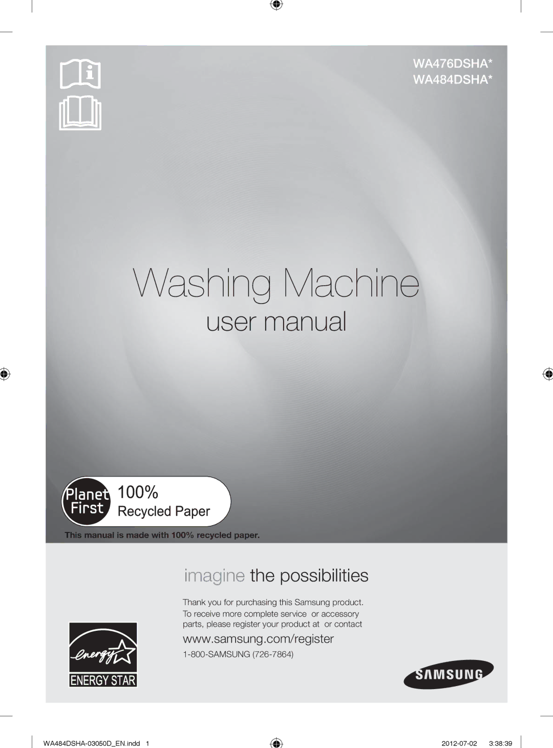 Samsung WA484DSHASU, WA484DSHAWR user manual This manual is made with 100% recycled paper, Samsung 