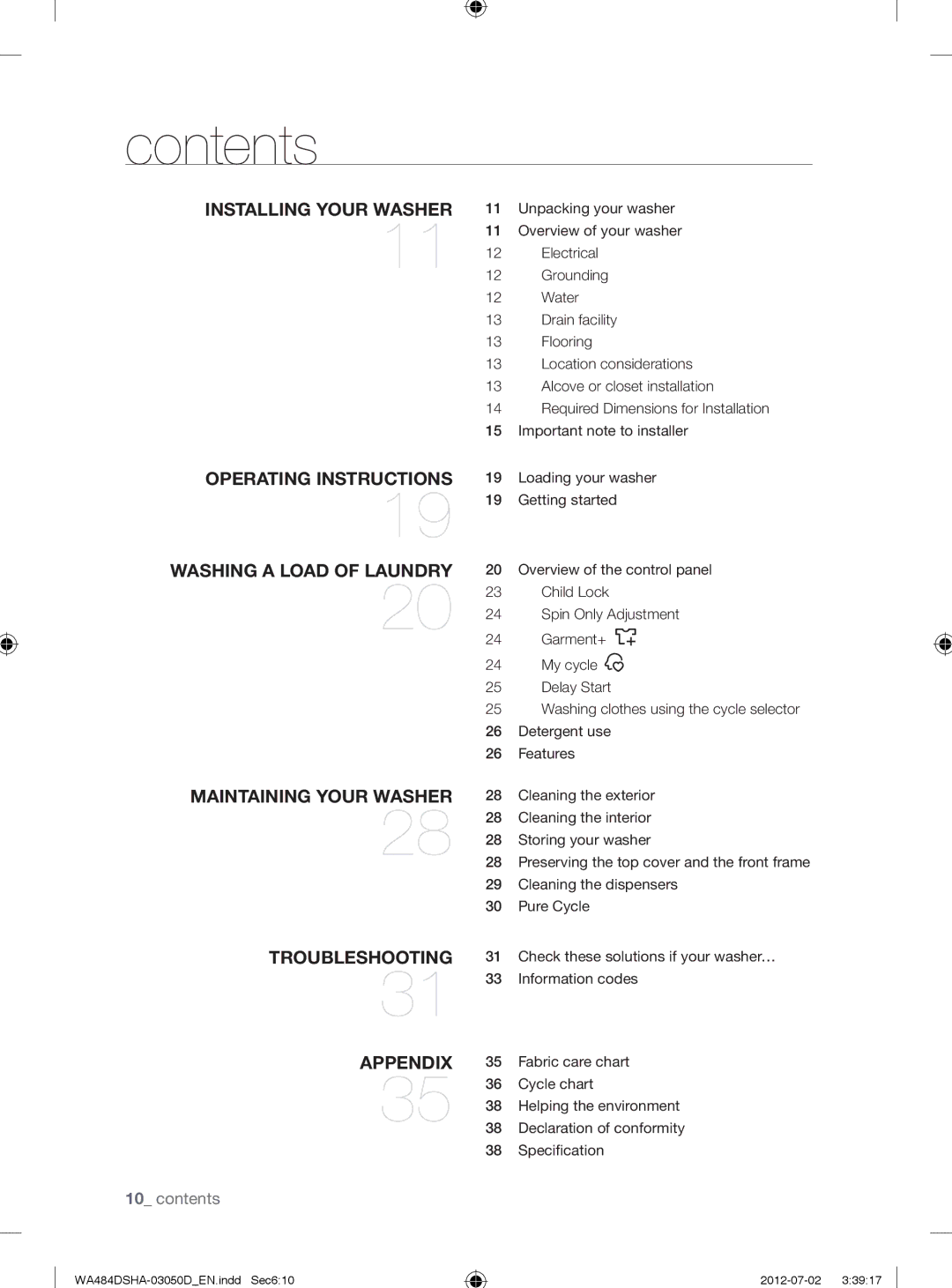 Samsung WA484DSHAWR, WA484DSHASU user manual Contents 