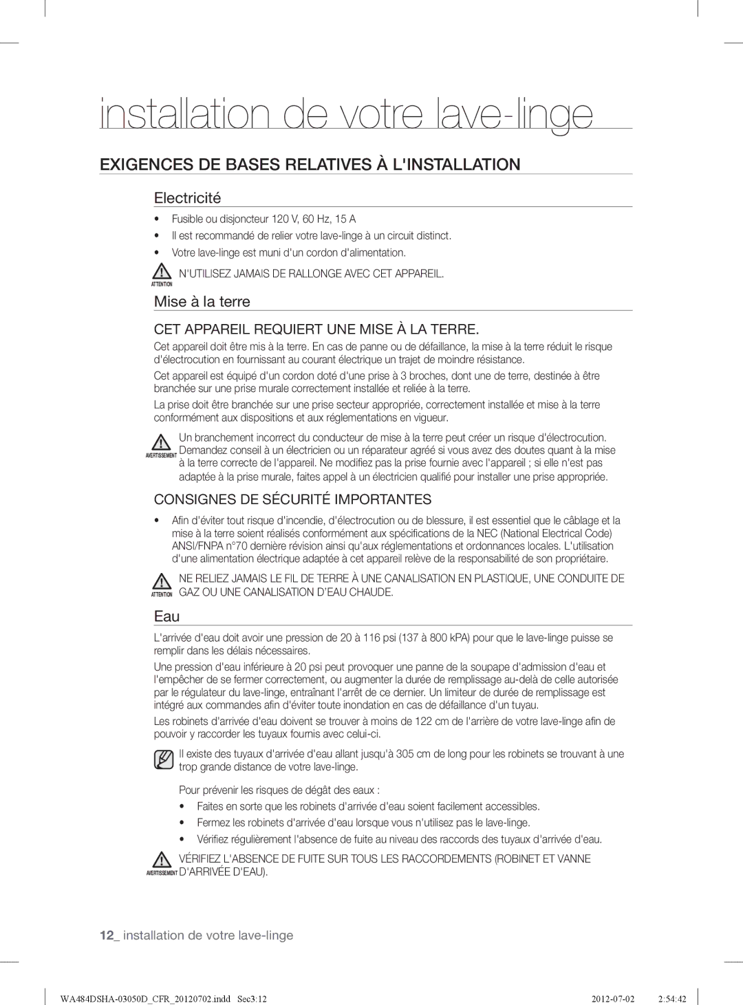 Samsung WA484DSHAWR, WA484DSHASU user manual Exigences DE Bases Relatives À Linstallation, Electricité, Mise à la terre, Eau 