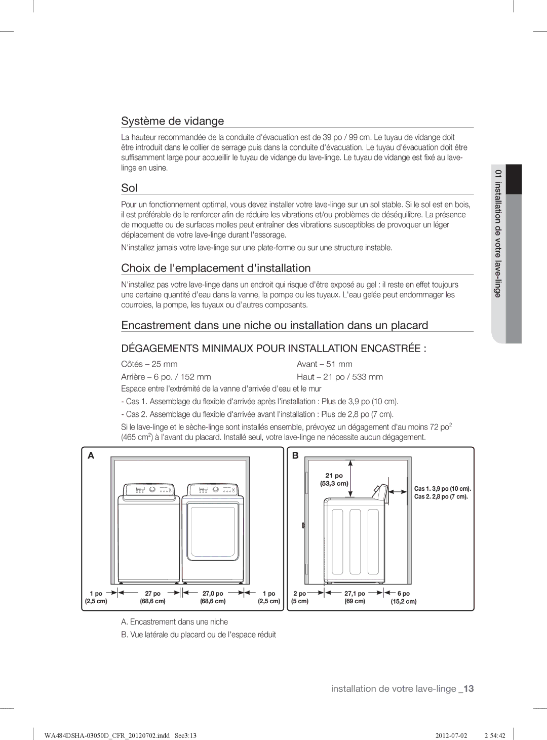 Samsung WA484DSHASU, WA484DSHAWR user manual Système de vidange, Sol, Choix de lemplacement dinstallation 